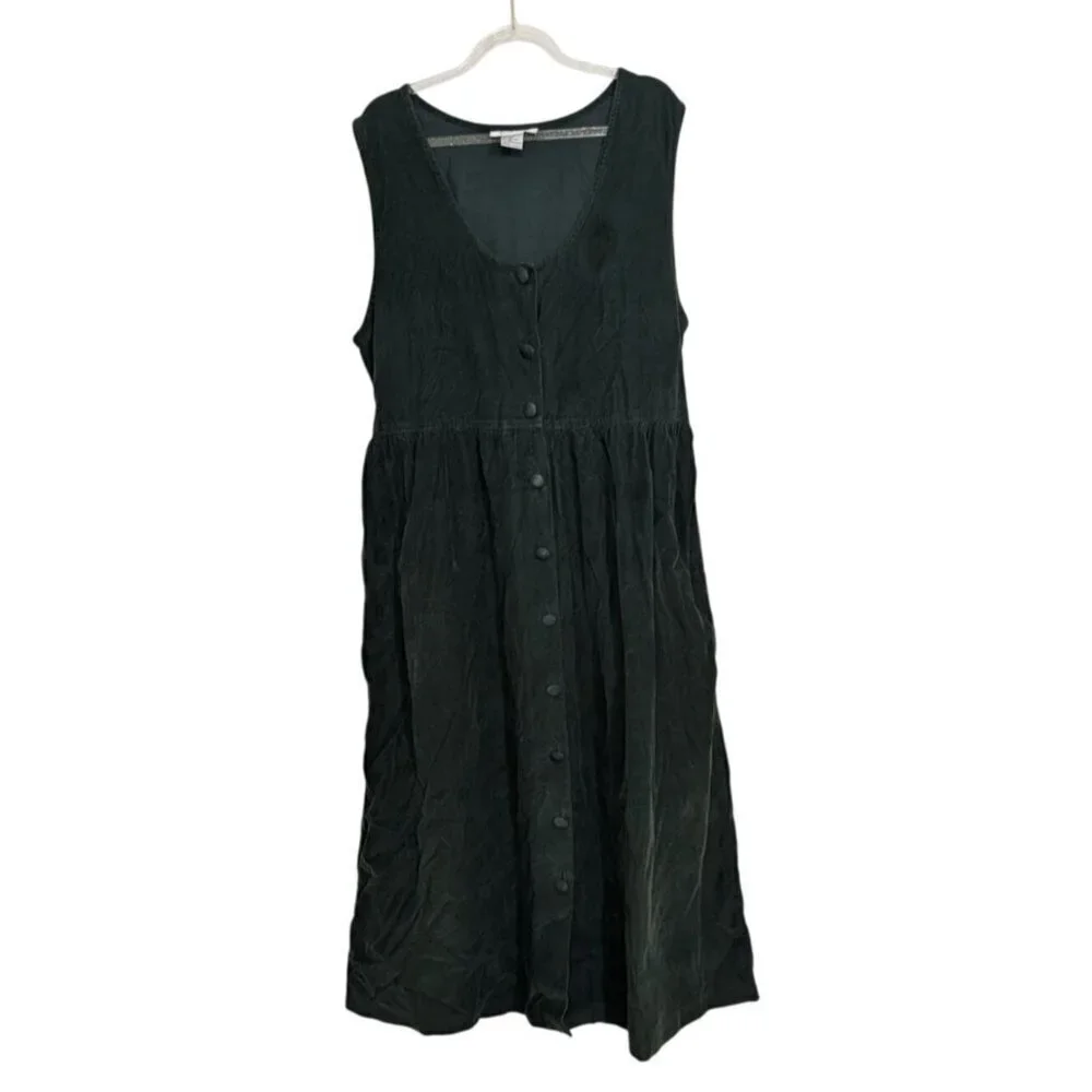 Talbots Corduroy Midi Shirt Dress Womens Size 12 Green Cotton Pockets Sleeveless - Picture 1 of 9